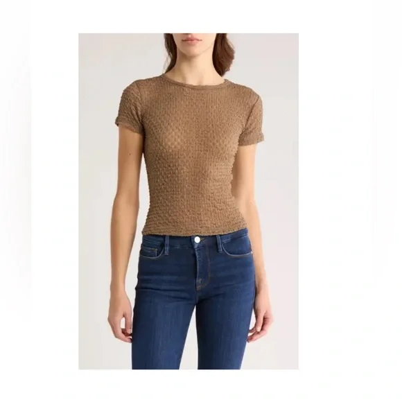 NWT Frame Denim Textured Semi-sheer Women's Baby TShirt in Cypress (Brown), Sz L - Picture 2 of 11